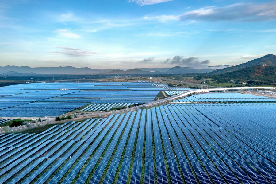 Utility-scale solar farm aerial view
